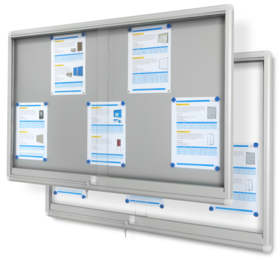 Gablota ogłoszeniowa z drzwiami przesuwnymi suchościeralno-magnetyczna srebrna